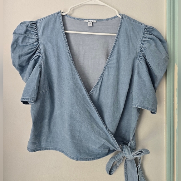 Bar III Elegant Sky Blue Puff Sleeve Wrap Blouse Size XL - Picture 11 of 16